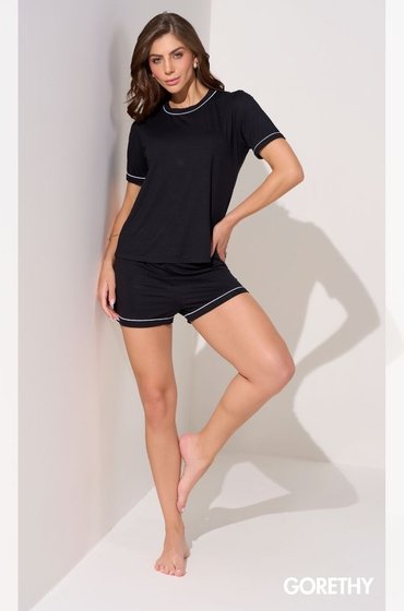 PIJAMA CURTO COM FRISO FEMININO PRETO