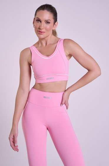 Legging Training Feminina Rosa Balerina Gorethy com Detalhe em Viés - Enquadramento Médio com Top
